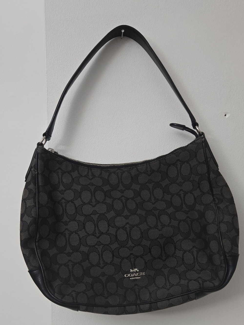 Coach Black Signature Jacquard Shoulder Bag with Leather Trim